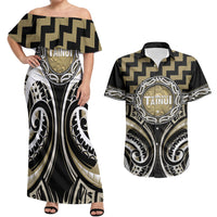 Aotearoa Waikato Tainui Personalised Couples Matching Off Shoulder Maxi Dress and Hawaiian Shirt Maori Iwi Poutama Puhoro Tattoo LT14 Old Yellow - Polynesian Pride