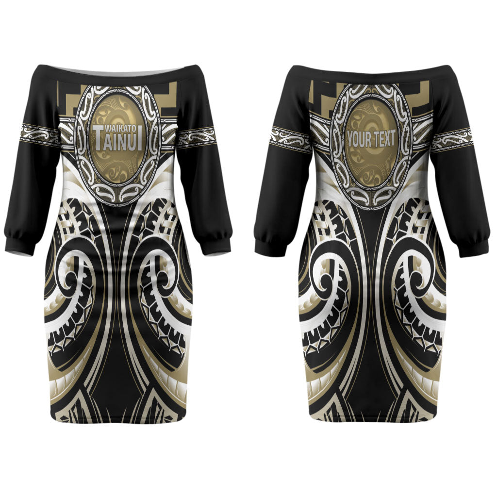 Aotearoa Waikato Tainui Personalised Couples Matching Off The Shoulder Long Sleeve Dress and Long Sleeve Button Shirt Maori Iwi Poutama Puhoro Tattoo LT14 - Polynesian Pride
