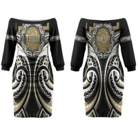 Aotearoa Waikato Tainui Personalised Couples Matching Off The Shoulder Long Sleeve Dress and Long Sleeve Button Shirt Maori Iwi Poutama Puhoro Tattoo LT14 - Polynesian Pride