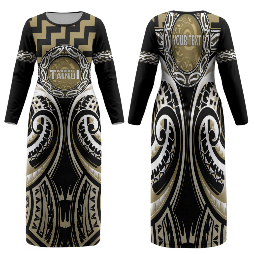Aotearoa Waikato Tainui Personalised Family Matching Long Sleeve Bodycon Dress and Hawaiian Shirt Maori Iwi Poutama Puhoro Tattoo LT14 Mom's Dress Old Yellow - Polynesian Pride