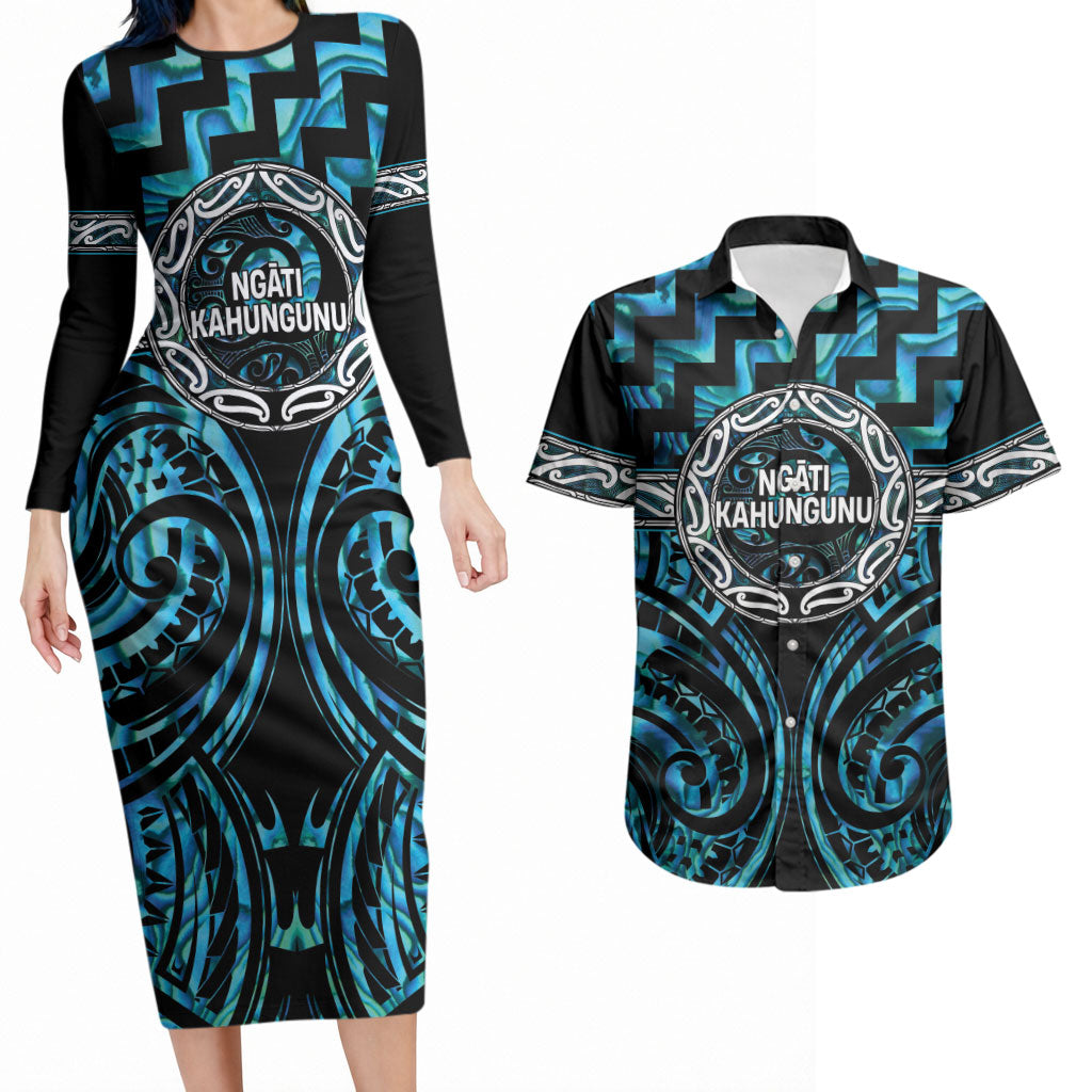Aotearoa Ngati Kahungunu Personalised Couples Matching Long Sleeve Bodycon Dress and Hawaiian Shirt Maori Iwi Poutama Puhoro Tattoo LT14 Turquoise - Polynesian Pride