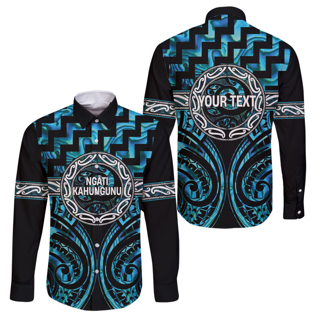 Aotearoa Ngati Kahungunu Personalised Family Matching Off The Shoulder Long Sleeve Dress and Hawaiian Shirt Maori Iwi Poutama Puhoro Tattoo LT14 Dad's Shirt - Long Sleeve Turquoise - Polynesian Pride