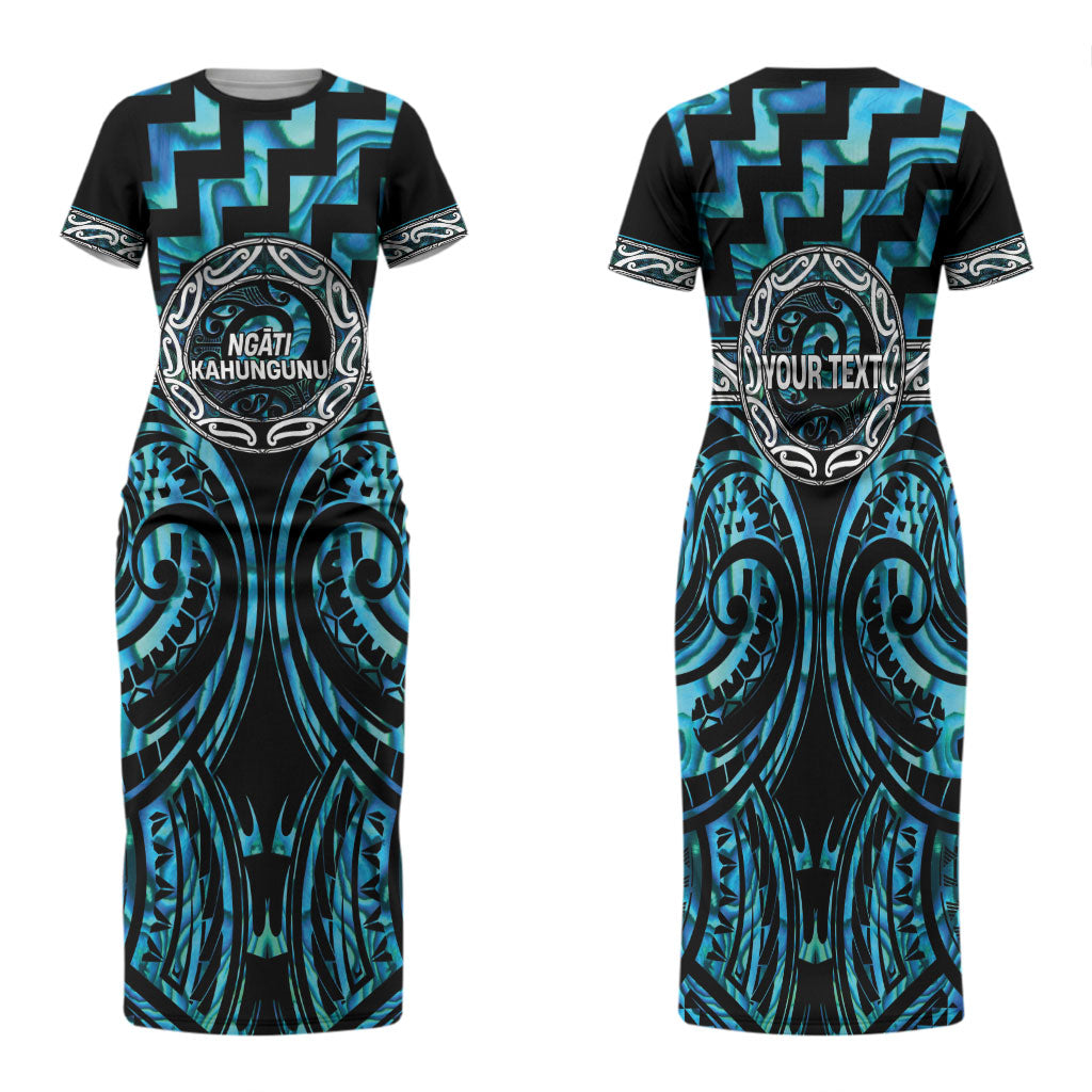 Aotearoa Ngati Kahungunu Personalised Family Matching Short Sleeve Bodycon Dress and Hawaiian Shirt Maori Iwi Poutama Puhoro Tattoo LT14 Mom's Dress Turquoise - Polynesian Pride