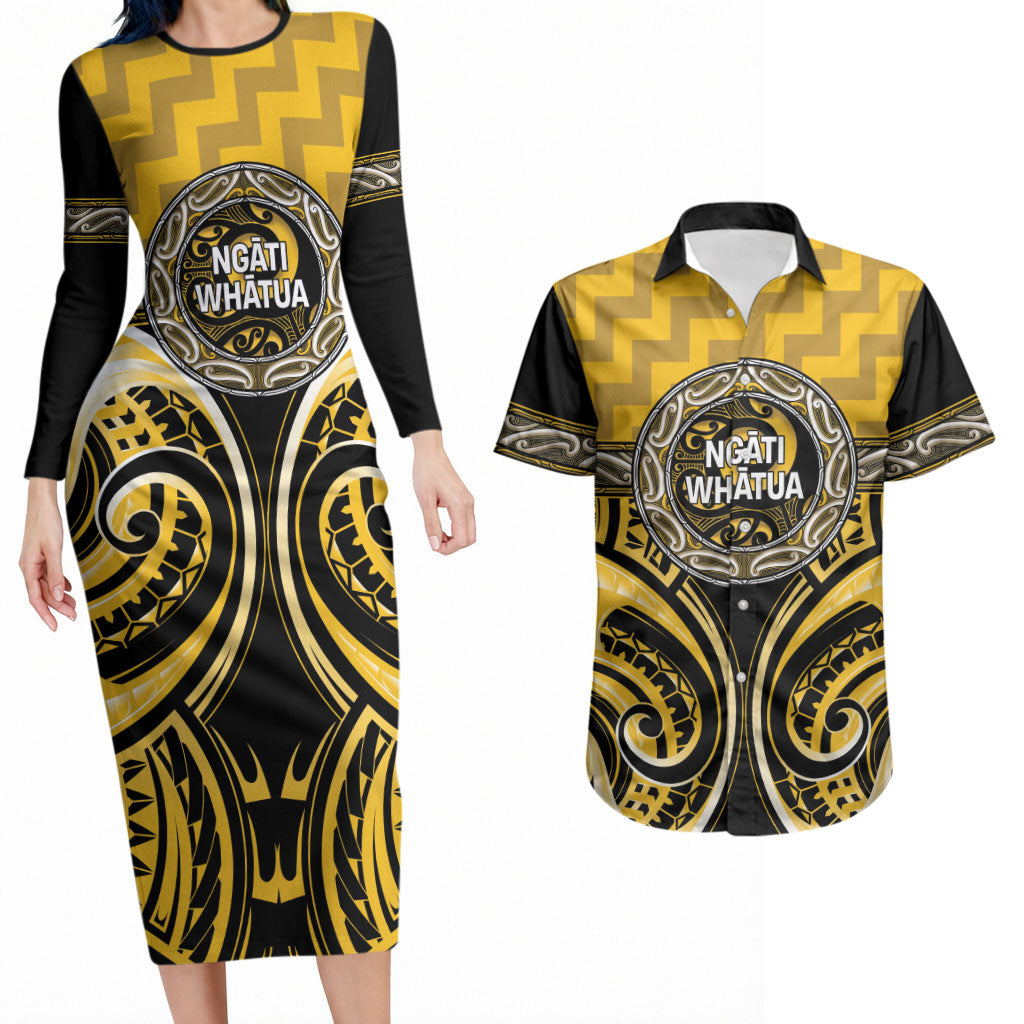Aotearoa Ngati Whatua Personalised Couples Matching Long Sleeve Bodycon Dress and Hawaiian Shirt Maori Iwi Poutama Puhoro Tattoo LT14 Yellow - Polynesian Pride