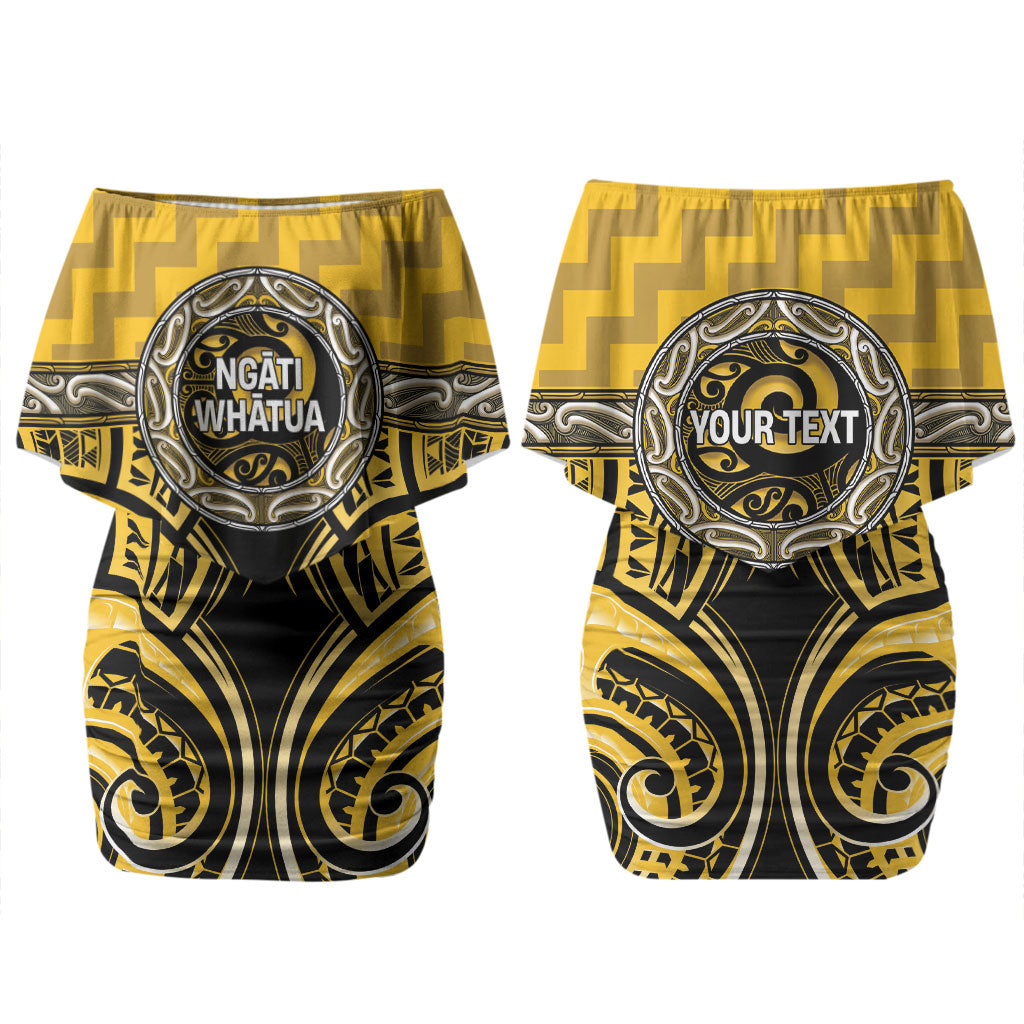Aotearoa Ngati Whatua Personalised Family Matching Off Shoulder Short Dress and Hawaiian Shirt Maori Iwi Poutama Puhoro Tattoo LT14 Mom's Dress Yellow - Polynesian Pride