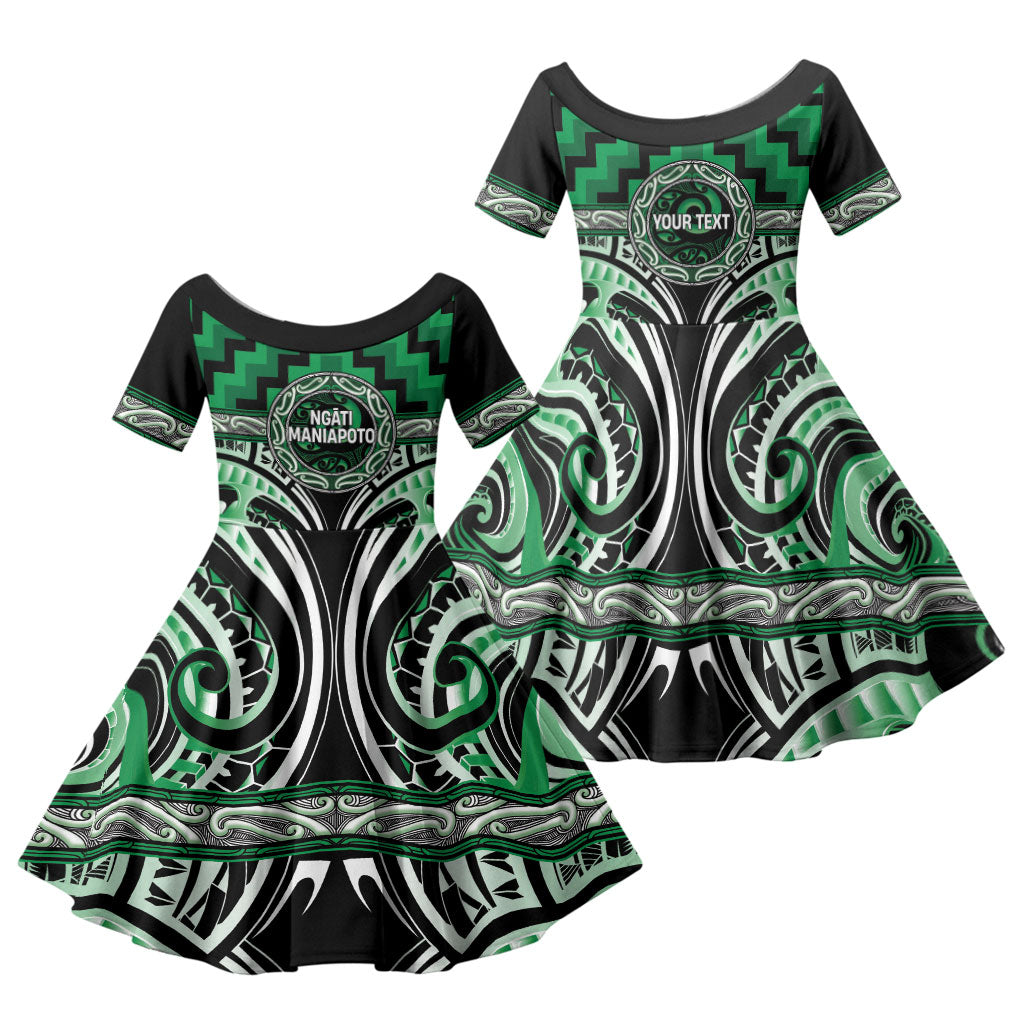 Aotearoa Ngati Maniapoto Personalised Family Matching Off Shoulder Maxi Dress and Hawaiian Shirt Maori Iwi Poutama Puhoro Tattoo LT14 Daughter's Dress Green - Polynesian Pride