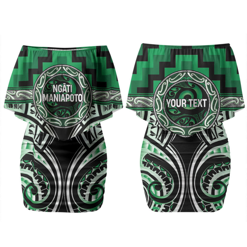 Aotearoa Ngati Maniapoto Personalised Family Matching Off Shoulder Short Dress and Hawaiian Shirt Maori Iwi Poutama Puhoro Tattoo LT14 Mom's Dress Green - Polynesian Pride