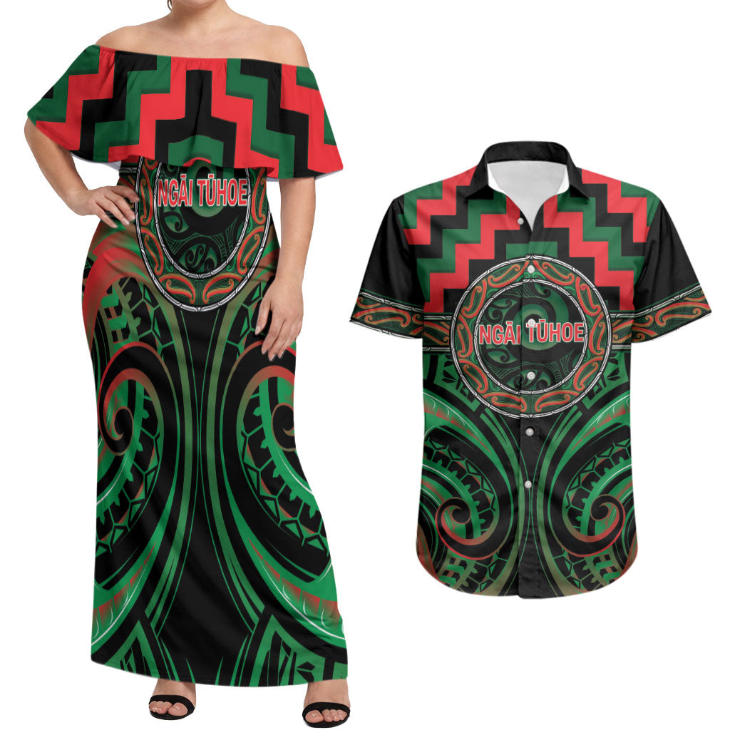 Aotearoa Ngai Tuhoe Personalised Couples Matching Off Shoulder Maxi Dress and Hawaiian Shirt Maori Iwi Poutama Puhoro Tattoo LT14 Green - Polynesian Pride