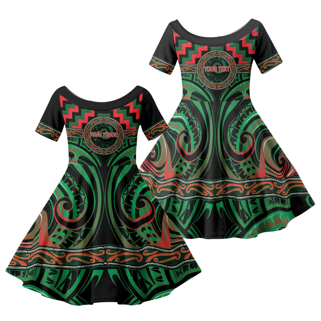 Aotearoa Ngai Tuhoe Personalised Family Matching Off Shoulder Short Dress and Hawaiian Shirt Maori Iwi Poutama Puhoro Tattoo LT14 Daughter's Dress Green - Polynesian Pride