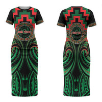 Aotearoa Ngai Tuhoe Personalised Family Matching Short Sleeve Bodycon Dress and Hawaiian Shirt Maori Iwi Poutama Puhoro Tattoo LT14 Mom's Dress Green - Polynesian Pride