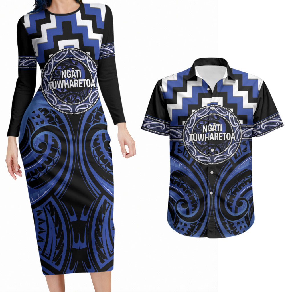 Aotearoa Ngati Tuwharetoa Personalised Couples Matching Long Sleeve Bodycon Dress and Hawaiian Shirt Maori Iwi Poutama Puhoro Tattoo LT14 Blue - Polynesian Pride