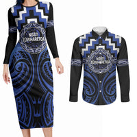 Aotearoa Ngati Tuwharetoa Personalised Couples Matching Long Sleeve Bodycon Dress and Long Sleeve Button Shirt Maori Iwi Poutama Puhoro Tattoo LT14 Blue - Polynesian Pride