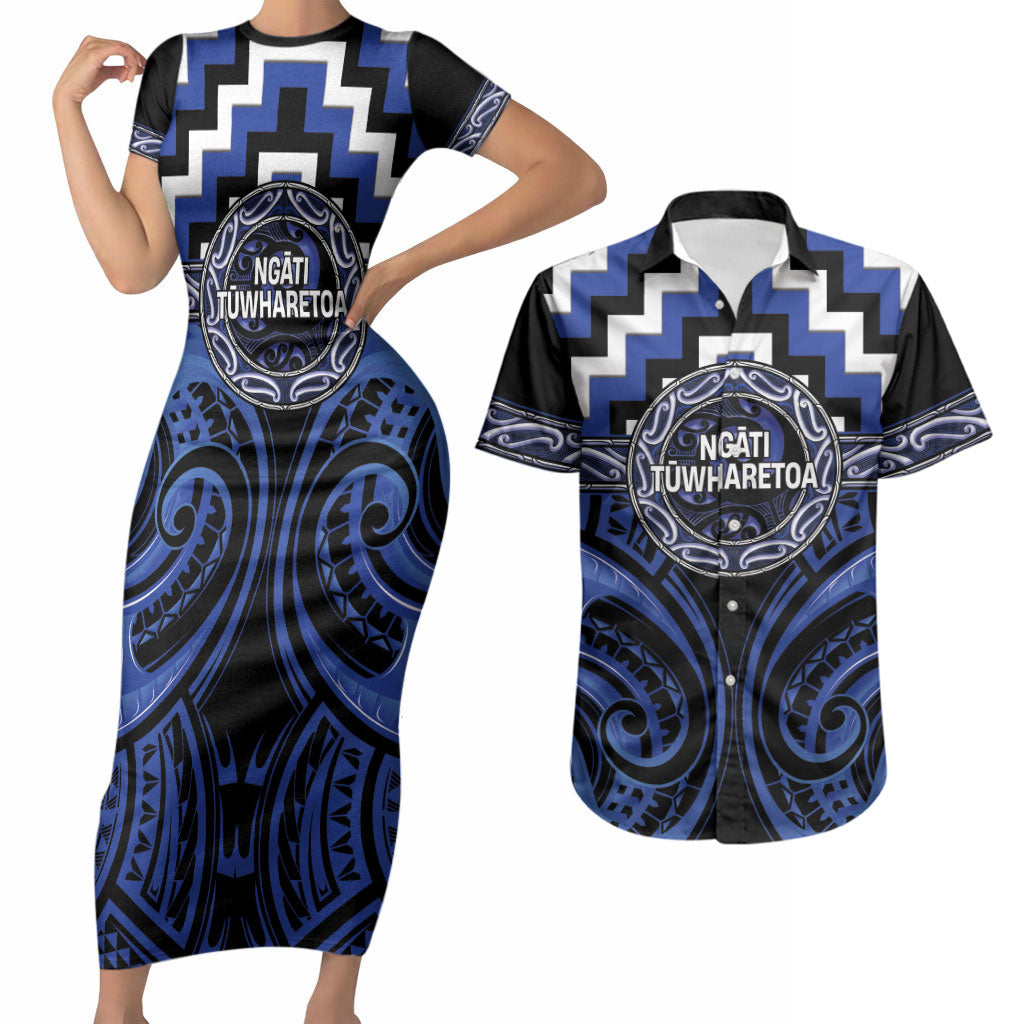 Aotearoa Ngati Tuwharetoa Personalised Couples Matching Short Sleeve Bodycon Dress and Hawaiian Shirt Maori Iwi Poutama Puhoro Tattoo LT14 Blue - Polynesian Pride
