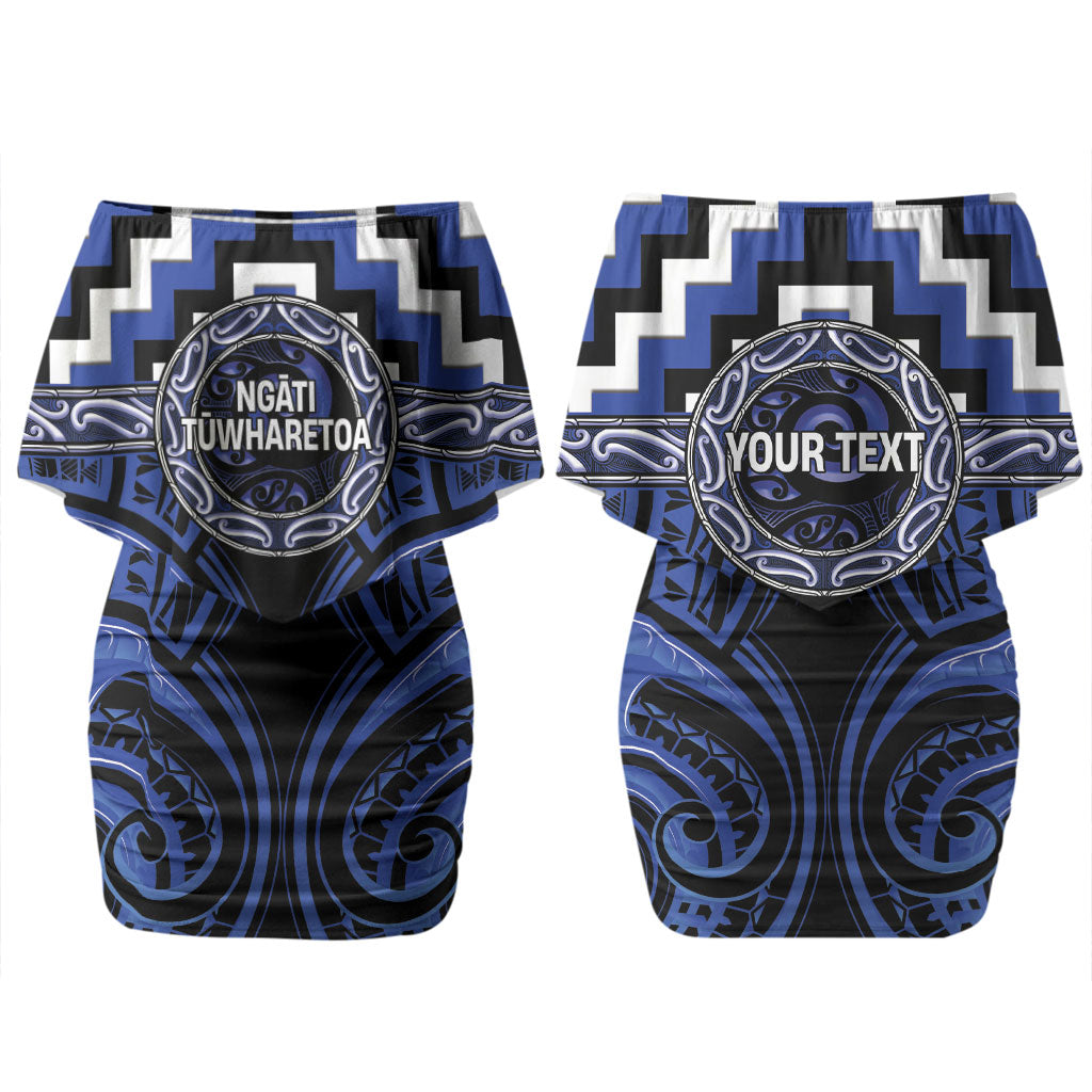 Aotearoa Ngati Tuwharetoa Personalised Family Matching Off Shoulder Short Dress and Hawaiian Shirt Maori Iwi Poutama Puhoro Tattoo LT14 Mom's Dress Blue - Polynesian Pride