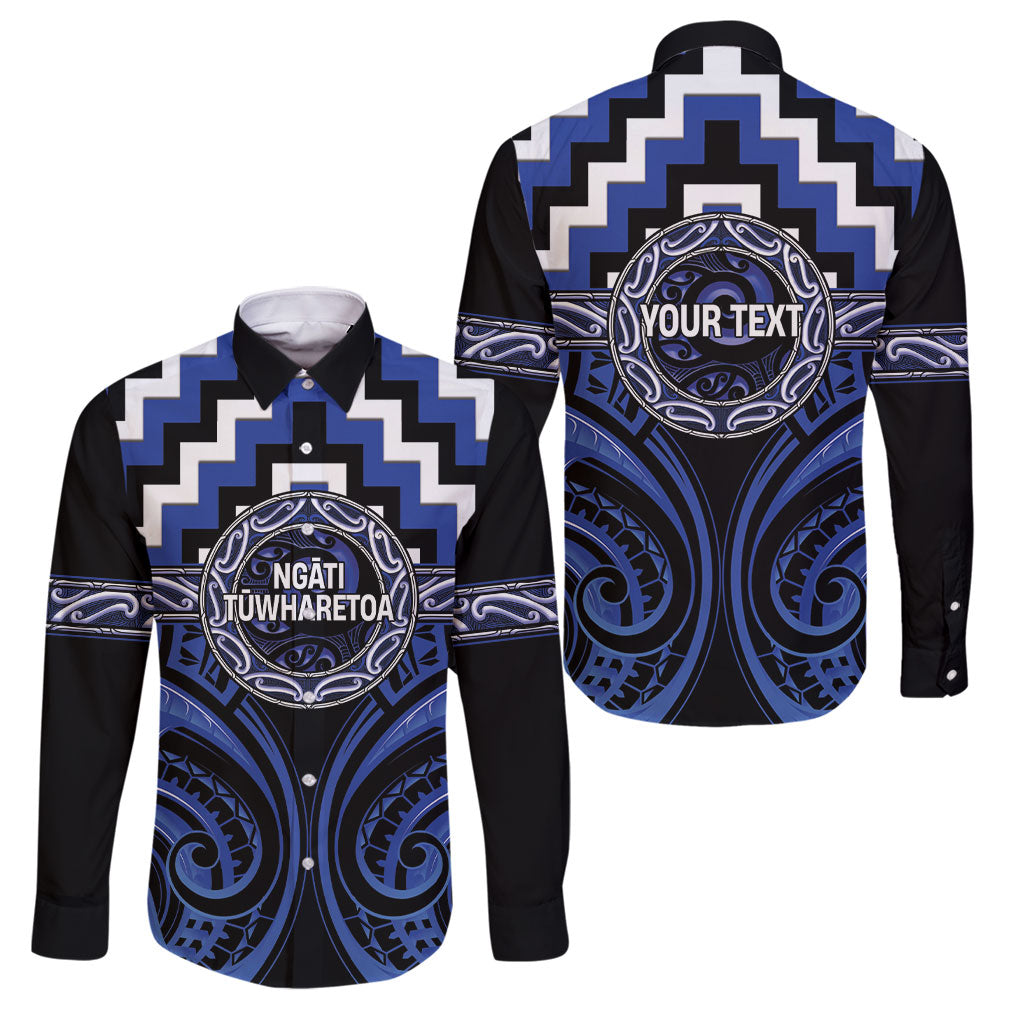 Aotearoa Ngati Tuwharetoa Personalised Family Matching Puletasi and Hawaiian Shirt Maori Iwi Poutama Puhoro Tattoo LT14 Dad's Shirt - Long Sleeve Blue - Polynesian Pride