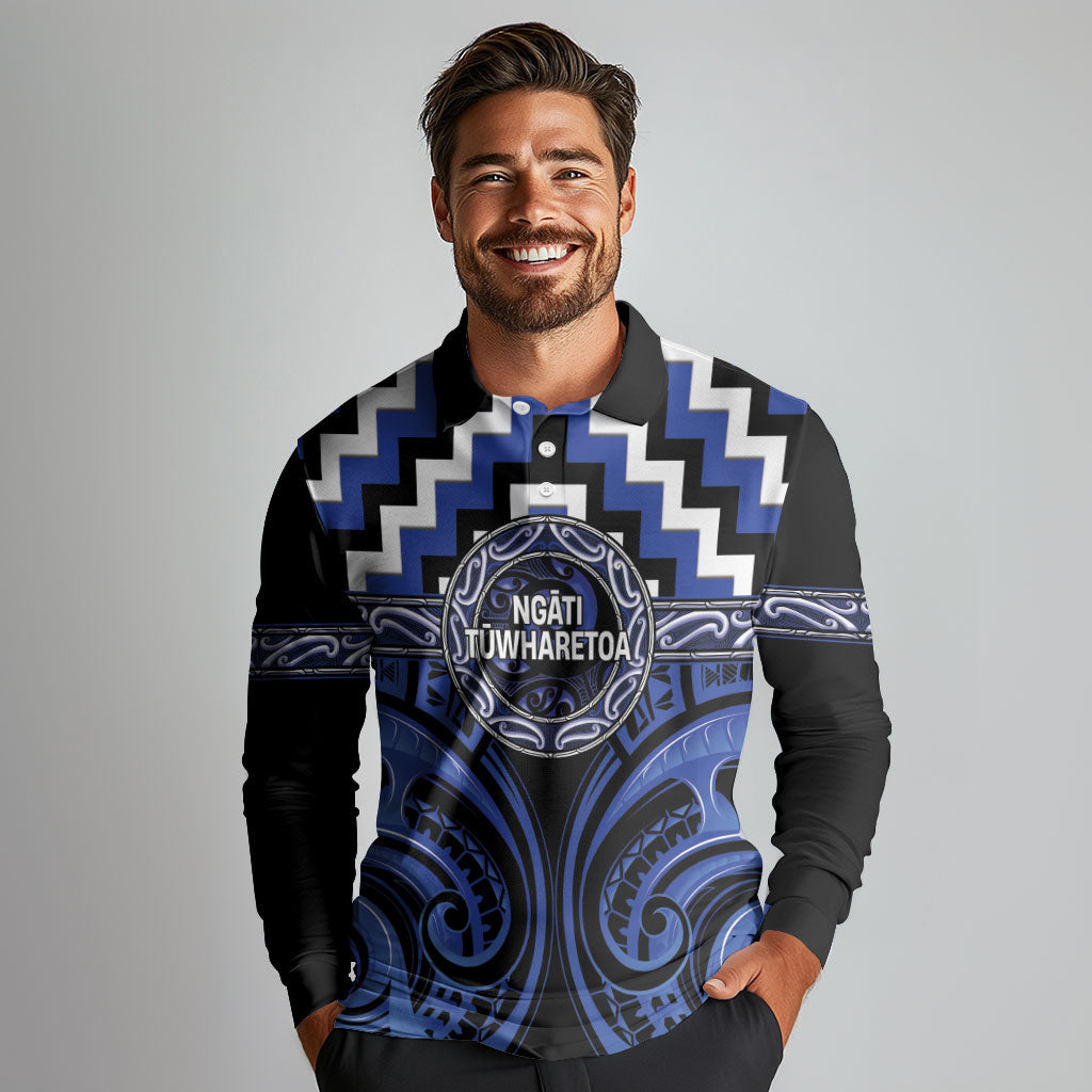 Aotearoa Ngati Tuwharetoa Personalised Long Sleeve Polo Shirt Maori Iwi Poutama Puhoro Tattoo LT14 - Polynesian Pride