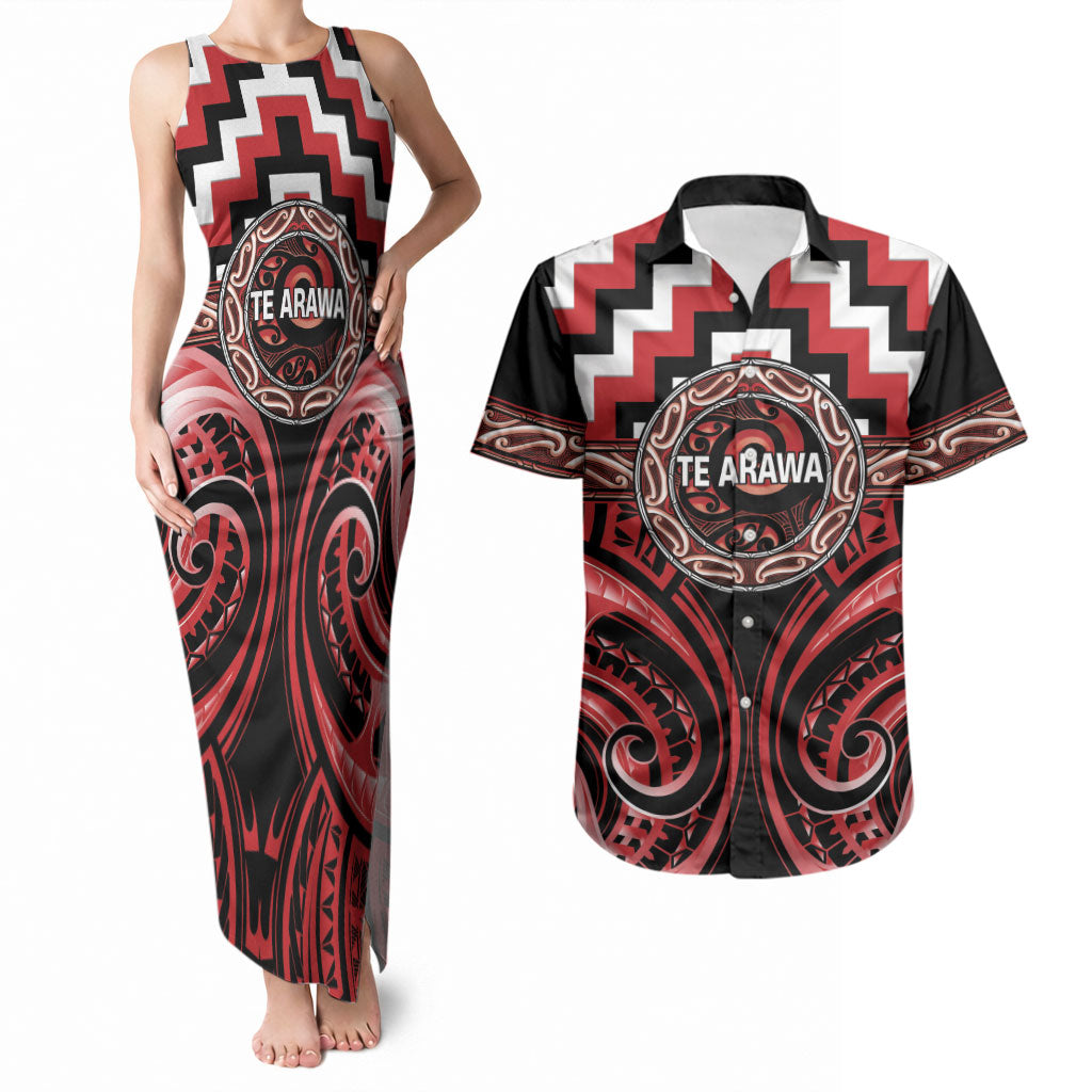 Aotearoa Te Arawa Personalised Couples Matching Tank Maxi Dress and Hawaiian Shirt Maori Iwi Poutama Puhoro Tattoo LT14 Red - Polynesian Pride