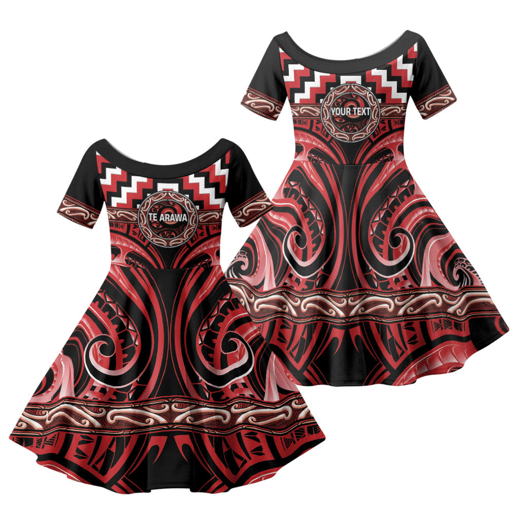Aotearoa Te Arawa Personalised Family Matching Off Shoulder Maxi Dress and Hawaiian Shirt Maori Iwi Poutama Puhoro Tattoo LT14 Daughter's Dress Red - Polynesian Pride