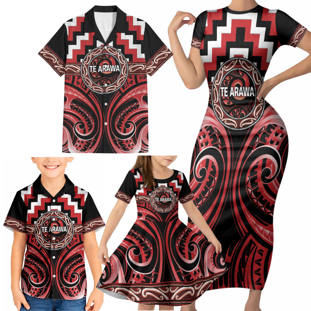 Aotearoa Te Arawa Personalised Family Matching Short Sleeve Bodycon Dress and Hawaiian Shirt Maori Iwi Poutama Puhoro Tattoo LT14 - Polynesian Pride