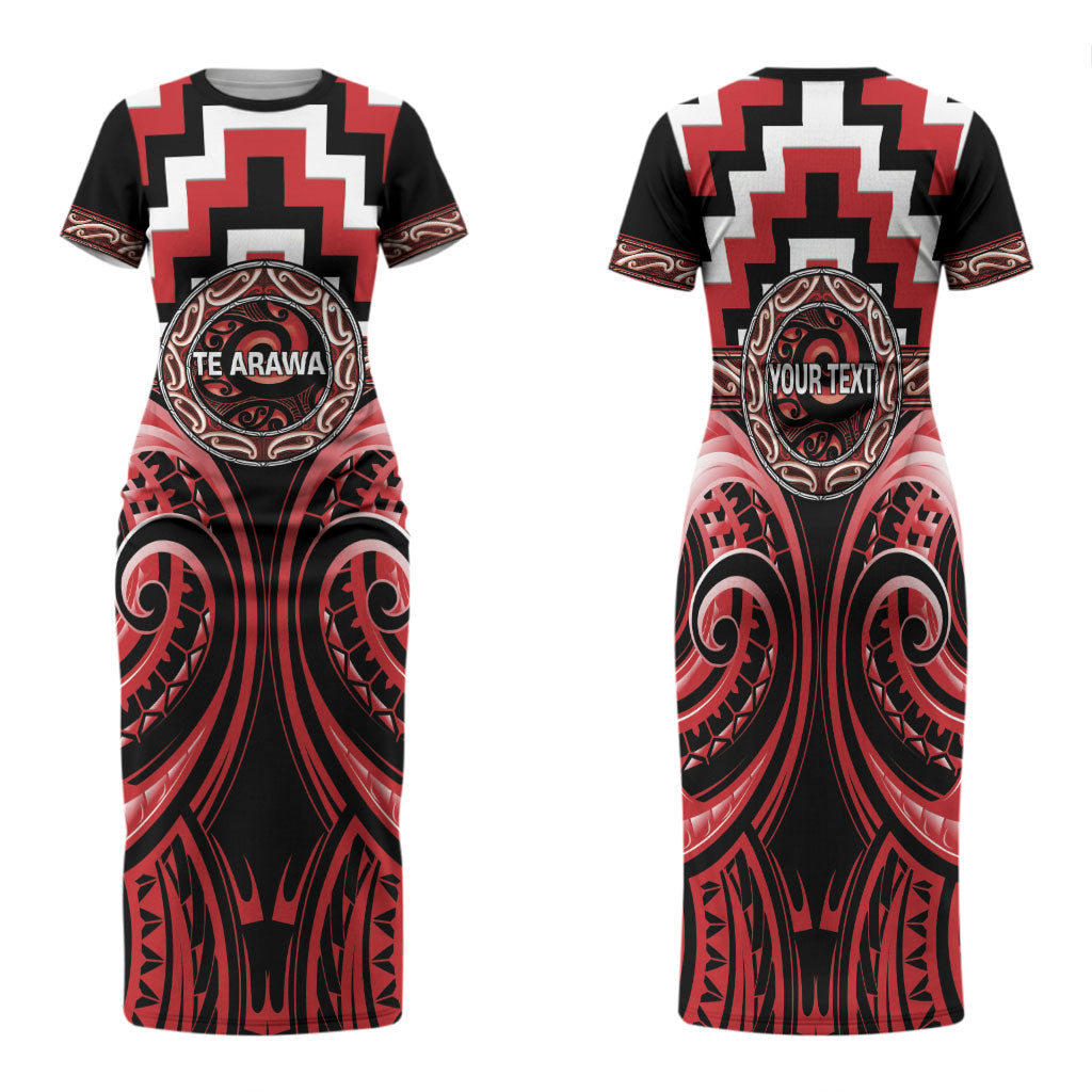 Aotearoa Te Arawa Personalised Family Matching Short Sleeve Bodycon Dress and Hawaiian Shirt Maori Iwi Poutama Puhoro Tattoo LT14 Mom's Dress Red - Polynesian Pride