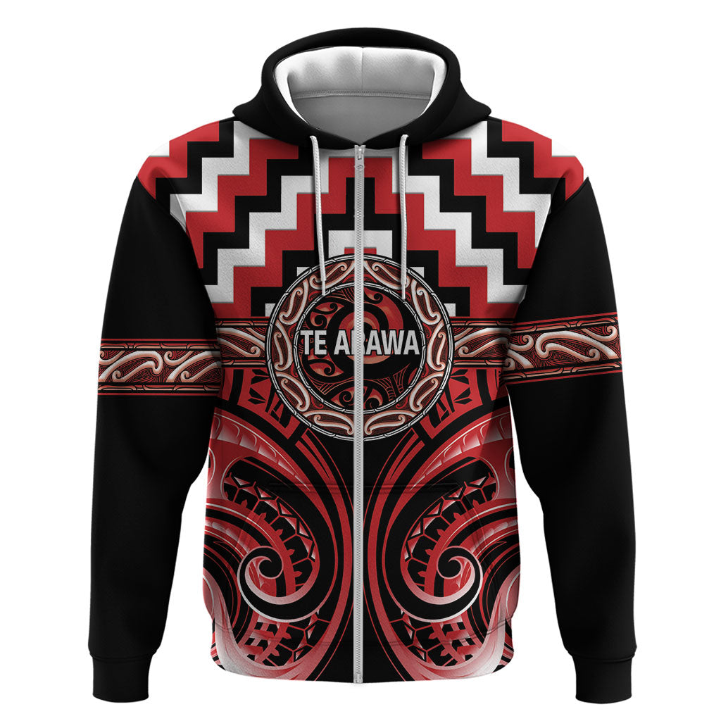 Aotearoa Te Arawa Personalised Hoodie Maori Iwi Poutama Puhoro Tattoo LT14 Zip Hoodie Red - Polynesian Pride