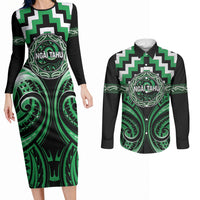Aotearoa Ngai Tahu Personalised Couples Matching Long Sleeve Bodycon Dress and Long Sleeve Button Shirt Maori Iwi Poutama Puhoro Tattoo LT14 Green - Polynesian Pride