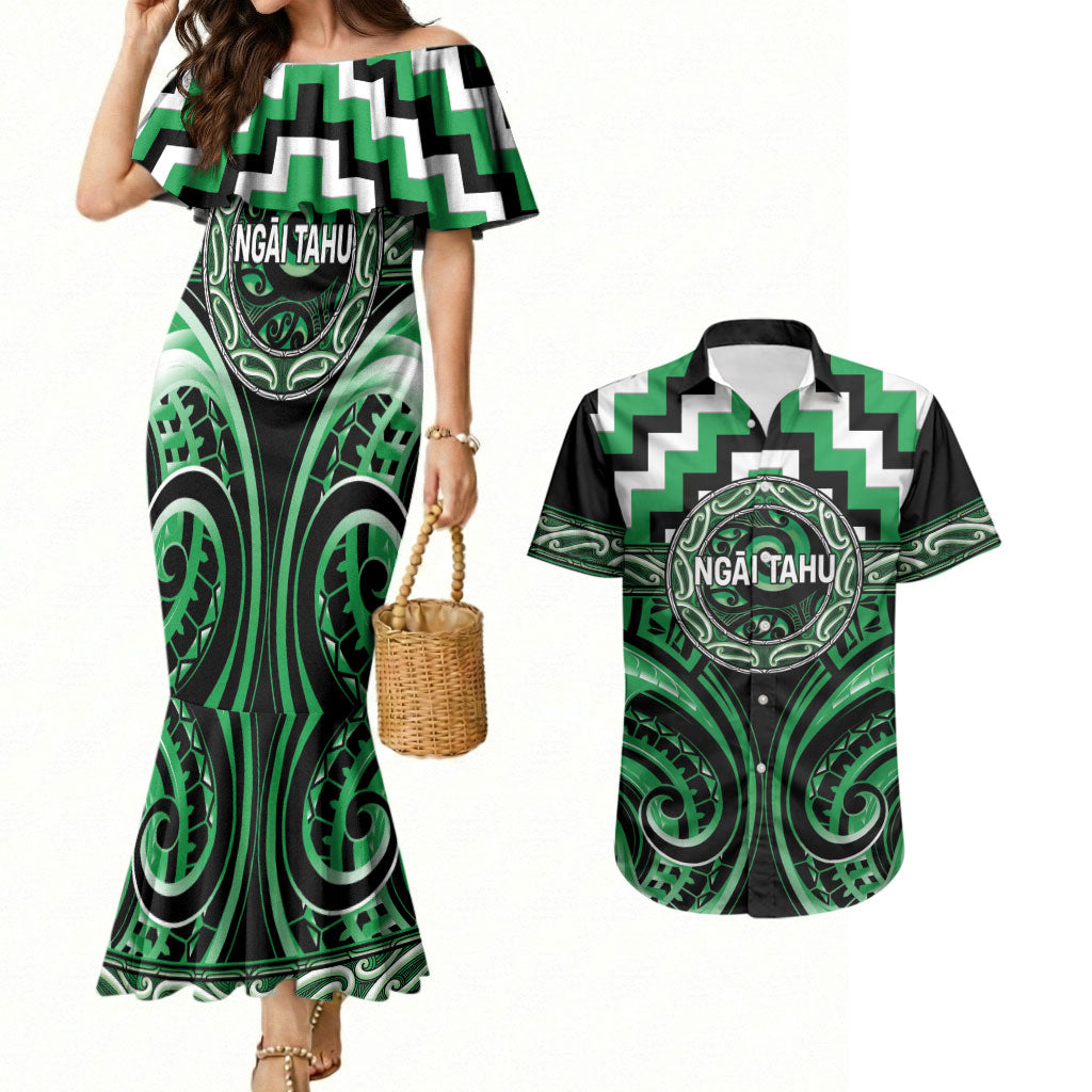 Aotearoa Ngai Tahu Personalised Couples Matching Mermaid Dress and Hawaiian Shirt Maori Iwi Poutama Puhoro Tattoo LT14 Green - Polynesian Pride