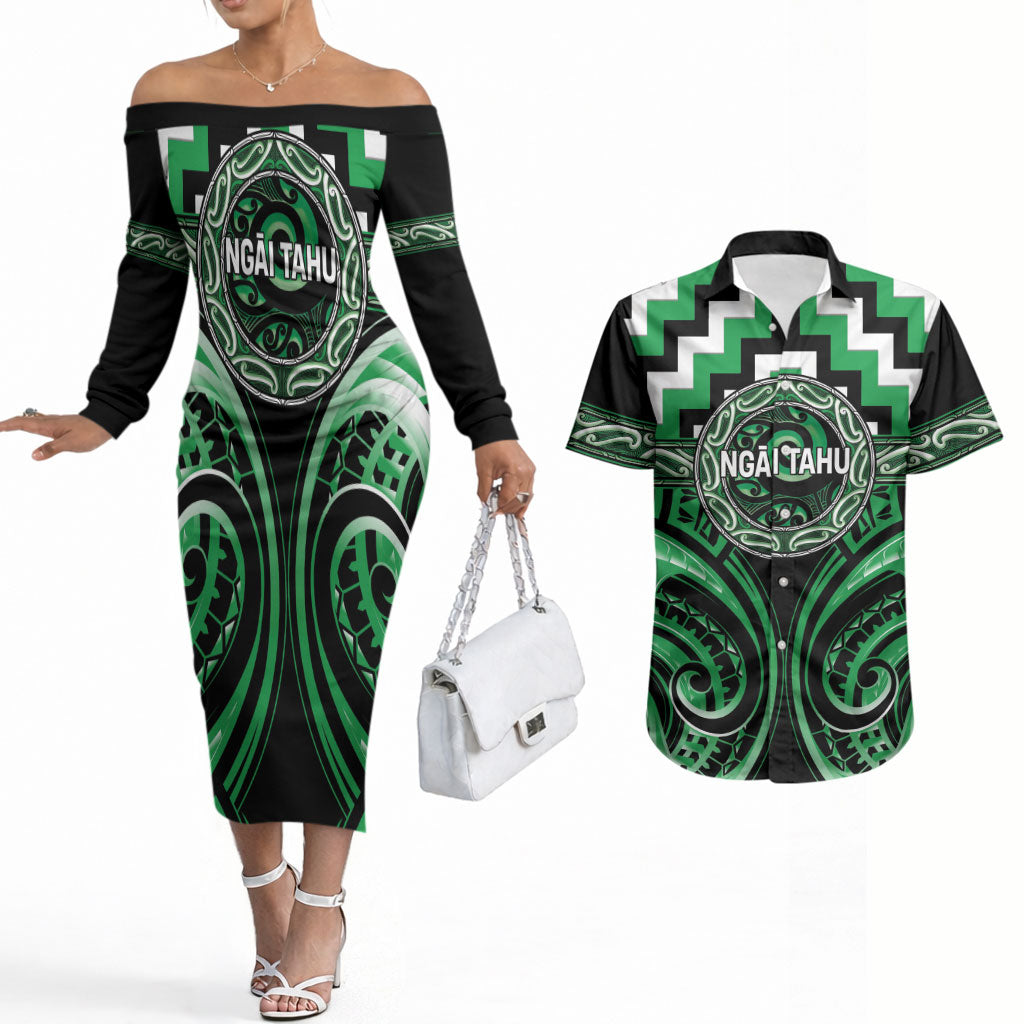 Aotearoa Ngai Tahu Personalised Couples Matching Off The Shoulder Long Sleeve Dress and Hawaiian Shirt Maori Iwi Poutama Puhoro Tattoo LT14 Green - Polynesian Pride