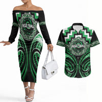 Aotearoa Ngai Tahu Personalised Couples Matching Off The Shoulder Long Sleeve Dress and Hawaiian Shirt Maori Iwi Poutama Puhoro Tattoo LT14 Green - Polynesian Pride