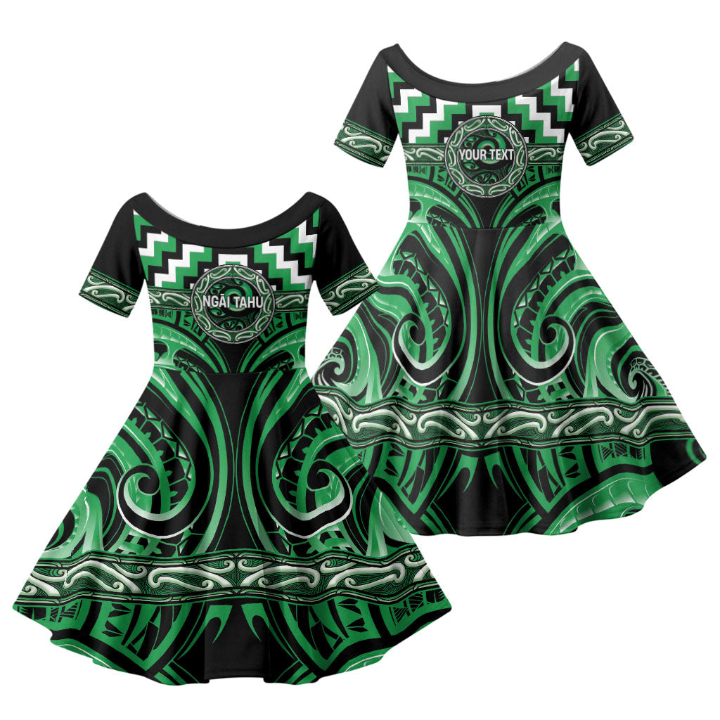 Aotearoa Ngai Tahu Personalised Family Matching Long Sleeve Bodycon Dress and Hawaiian Shirt Maori Iwi Poutama Puhoro Tattoo LT14 Daughter's Dress Green - Polynesian Pride