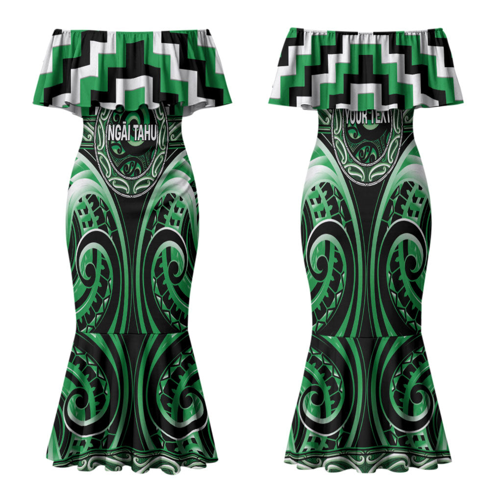 Aotearoa Ngai Tahu Personalised Family Matching Mermaid Dress and Hawaiian Shirt Maori Iwi Poutama Puhoro Tattoo LT14 Mom's Dress Green - Polynesian Pride
