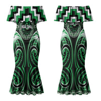 Aotearoa Ngai Tahu Personalised Family Matching Mermaid Dress and Hawaiian Shirt Maori Iwi Poutama Puhoro Tattoo LT14 Mom's Dress Green - Polynesian Pride