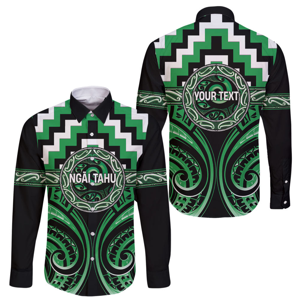 Aotearoa Ngai Tahu Personalised Family Matching Off Shoulder Maxi Dress and Hawaiian Shirt Maori Iwi Poutama Puhoro Tattoo LT14 Dad's Shirt - Long Sleeve Green - Polynesian Pride