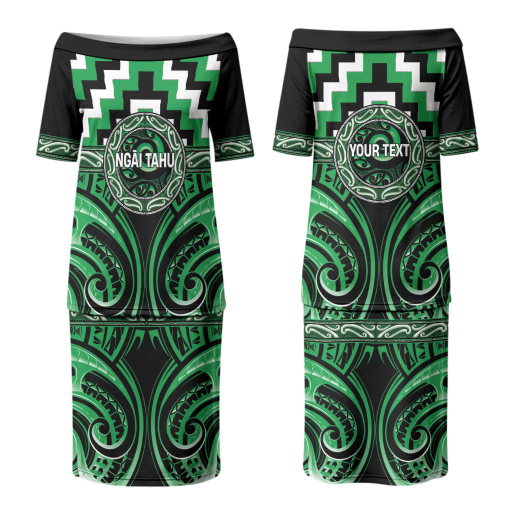 Aotearoa Ngai Tahu Personalised Family Matching Puletasi and Hawaiian Shirt Maori Iwi Poutama Puhoro Tattoo LT14 Mom's Dress Green - Polynesian Pride