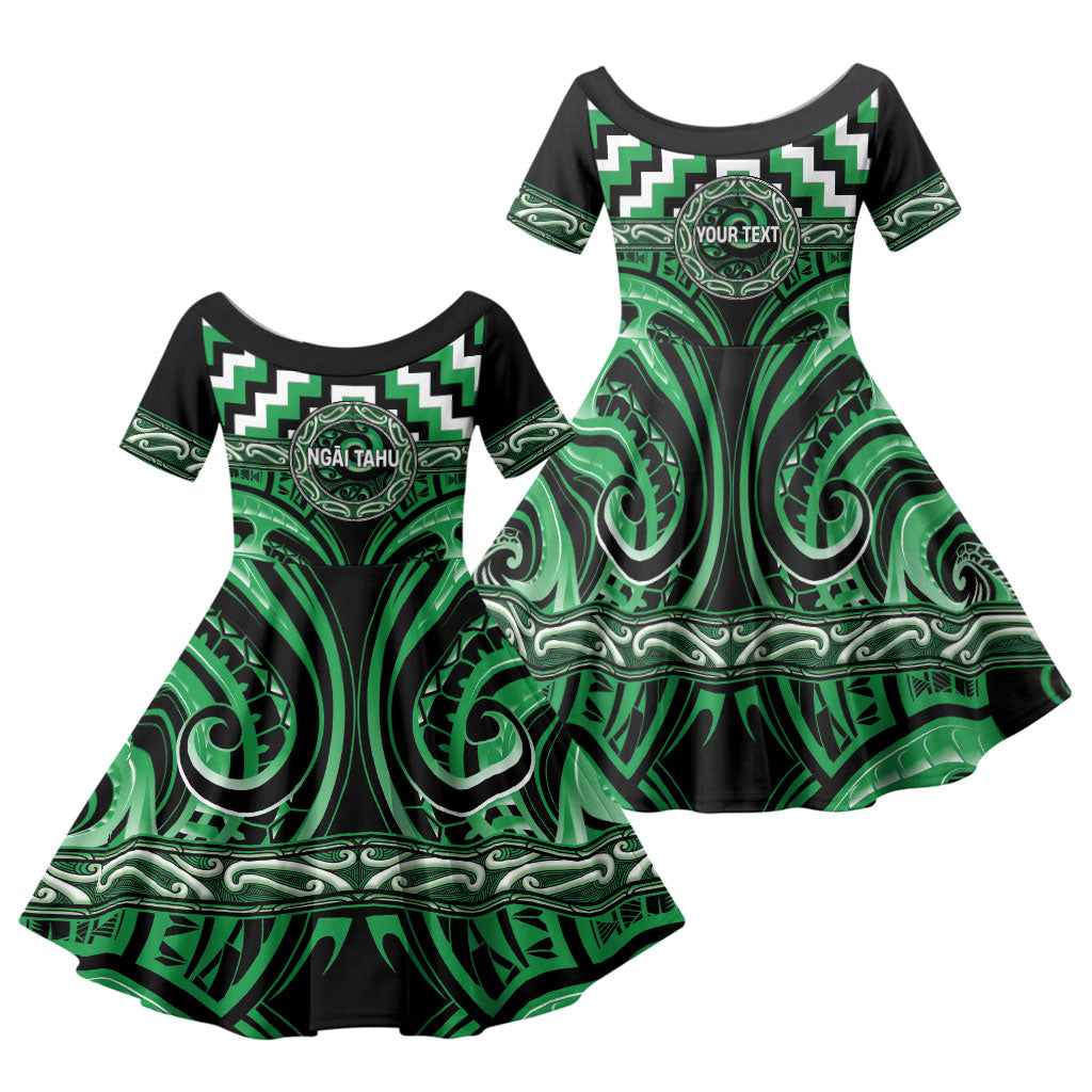 Aotearoa Ngai Tahu Personalised Family Matching Short Sleeve Bodycon Dress and Hawaiian Shirt Maori Iwi Poutama Puhoro Tattoo LT14 Daughter's Dress Green - Polynesian Pride