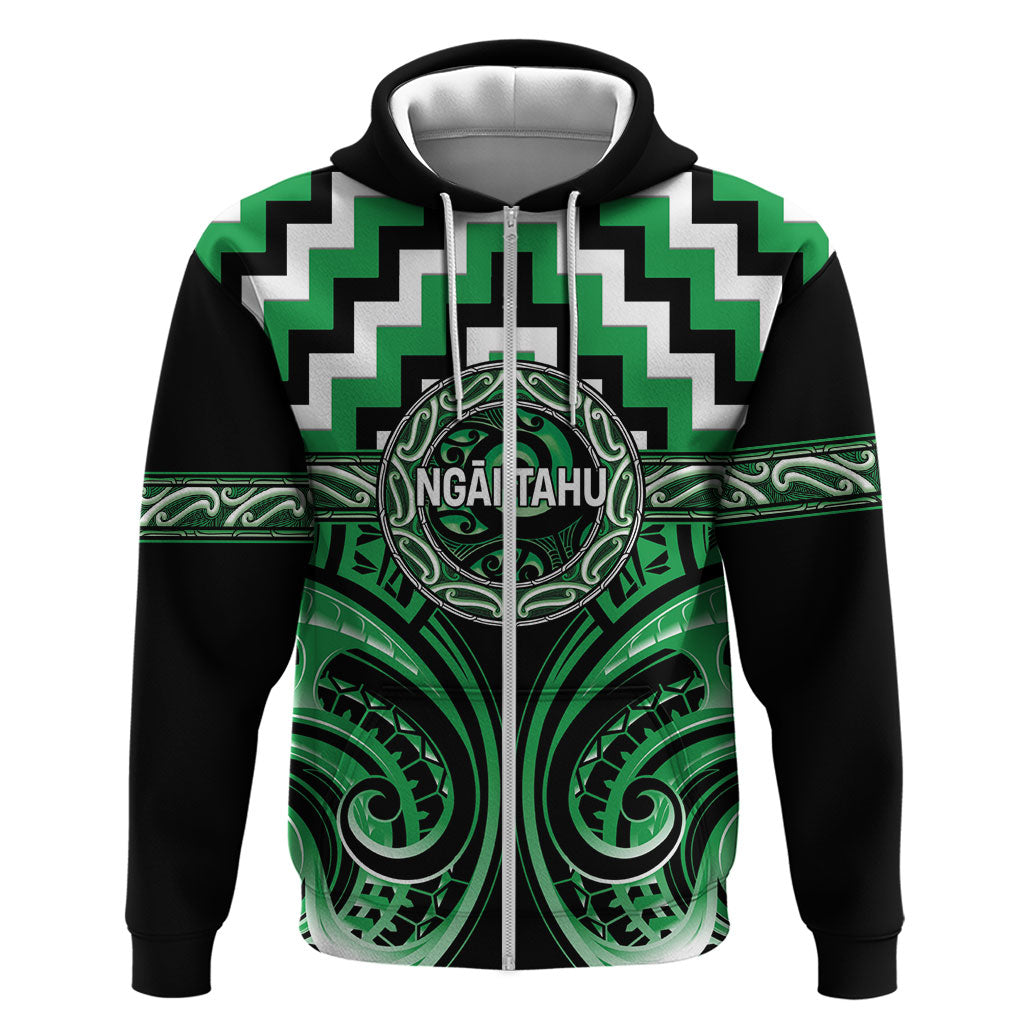 Aotearoa Ngai Tahu Personalised Hoodie Maori Iwi Poutama Puhoro Tattoo LT14 Zip Hoodie Green - Polynesian Pride