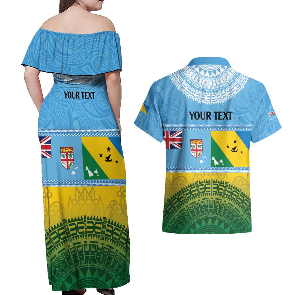 Personalised Malampa Fiji Day Couples Matching Off Shoulder Maxi Dress and Hawaiian Shirt 10 October Fijian Tapa Flag Style