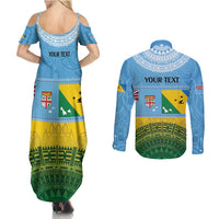 Personalised Malampa Fiji Day Couples Matching Summer Maxi Dress and Long Sleeve Button Shirt 10 October Fijian Tapa Flag Style