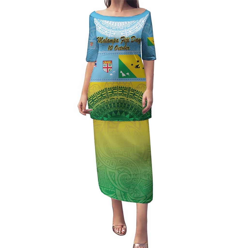 Personalised Malampa Fiji Day Puletasi 10 October Fijian Tapa Flag Style LT14 Long Dress Blue - Polynesian Pride