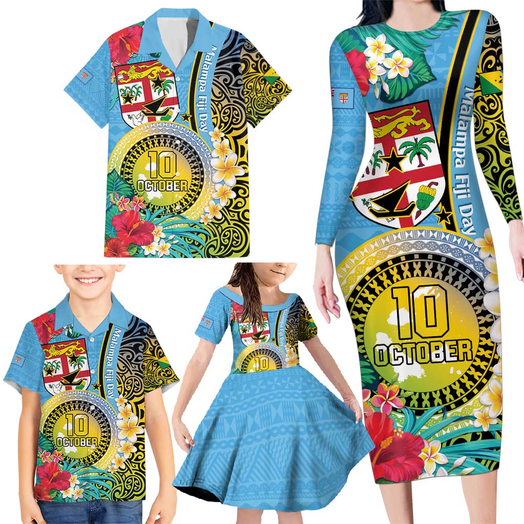 Vanuatu Malampa Fiji Day Family Matching Long Sleeve Bodycon Dress and Hawaiian Shirt Happy 10 October With Maps Tropical Flowers