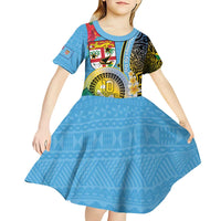 Vanuatu Malampa Fiji Day Kid Short Sleeve Dress Happy 10 October With Maps Tropical Flowers
