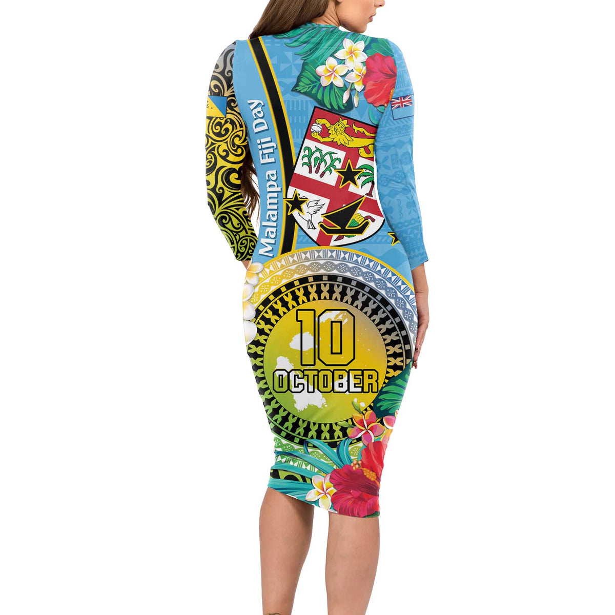 Vanuatu Malampa Fiji Day Long Sleeve Bodycon Dress Happy 10 October With Maps Tropical Flowers