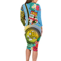 Vanuatu Malampa Fiji Day Long Sleeve Bodycon Dress Happy 10 October With Maps Tropical Flowers