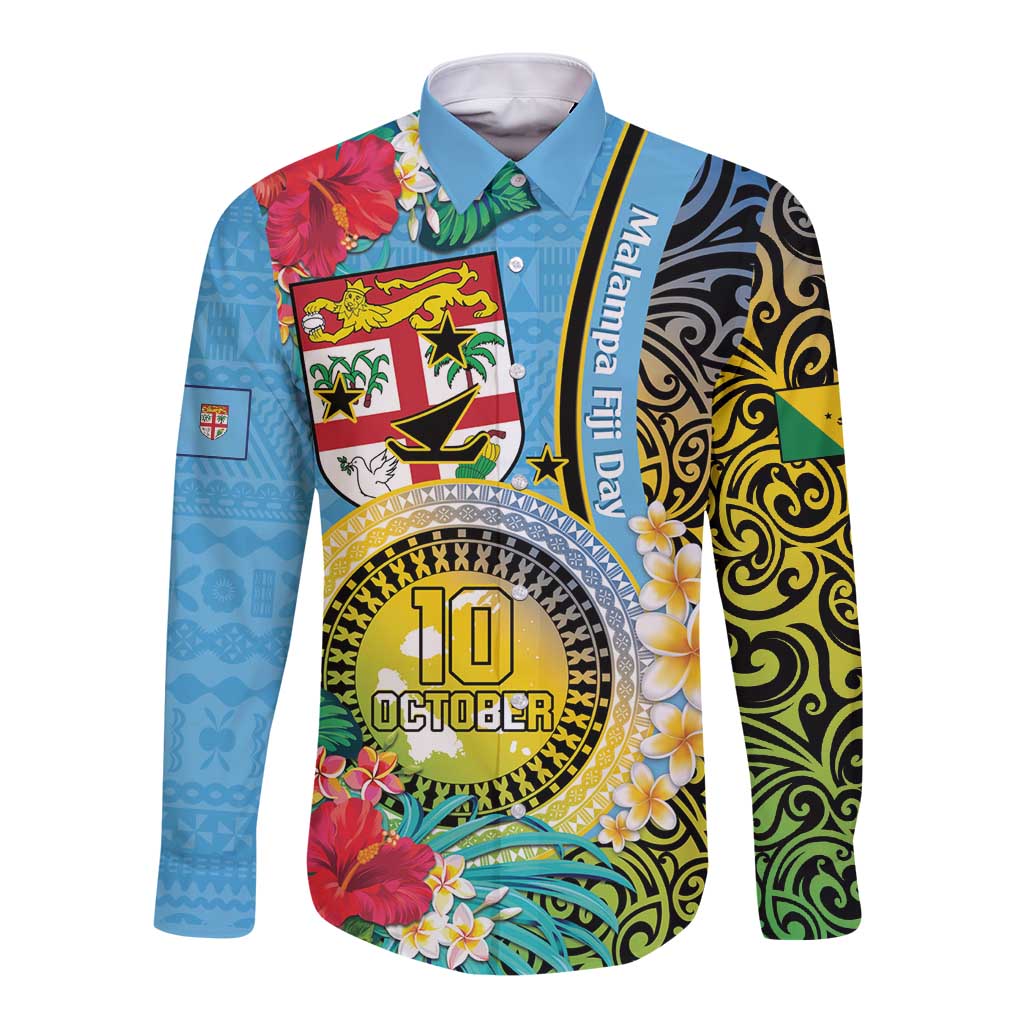 Vanuatu Malampa Fiji Day Long Sleeve Button Shirt Happy 10 October With Maps Tropical Flowers LT14 Unisex Blue - Polynesian Pride