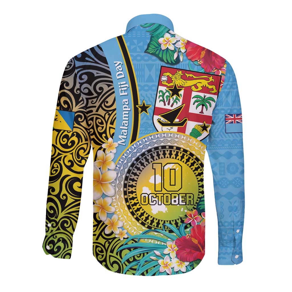 Vanuatu Malampa Fiji Day Long Sleeve Button Shirt Happy 10 October With Maps Tropical Flowers LT14 - Polynesian Pride