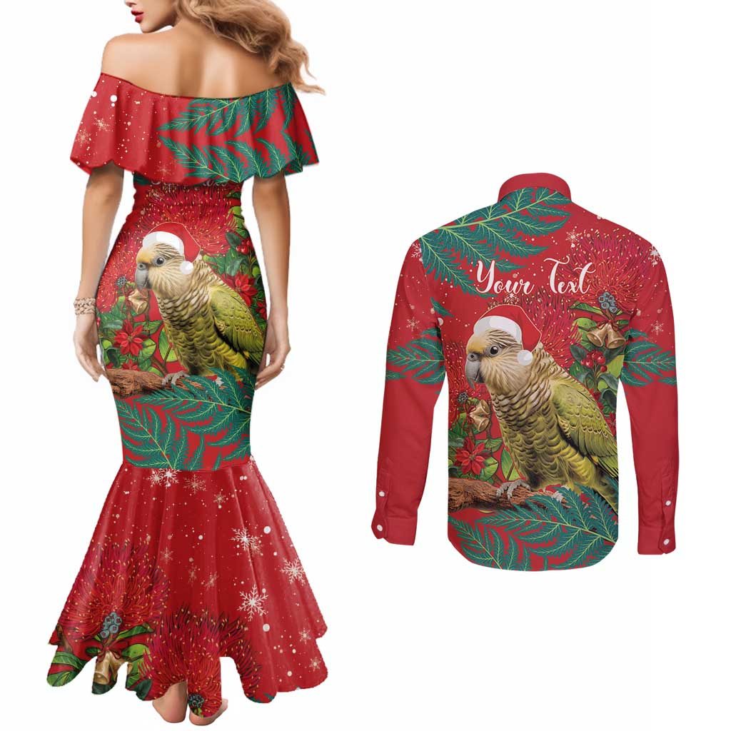 Personalised New Zealand Kakapo Christmas Couples Matching Mermaid Dress and Long Sleeve Button Shirt Meri Kirihimete Silver Fern Mix Pohutukawa
