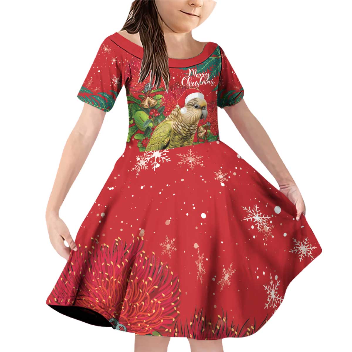 Personalised New Zealand Kakapo Christmas Family Matching Off Shoulder Short Dress and Hawaiian Shirt Meri Kirihimete Silver Fern Mix Pohutukawa LT14 Daughter's Dress Red - Polynesian Pride