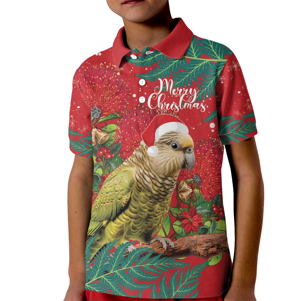 Personalised New Zealand Kakapo Christmas Kid Polo Shirt Meri Kirihimete Silver Fern Mix Pohutukawa LT14 Kid Red - Polynesian Pride
