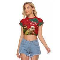 Personalised New Zealand Kakapo Christmas Raglan Cropped T Shirt Meri Kirihimete Silver Fern Mix Pohutukawa LT14 Female Red - Polynesian Pride
