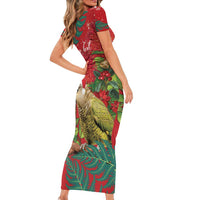 Personalised New Zealand Kakapo Christmas Short Sleeve Bodycon Dress Meri Kirihimete Silver Fern Mix Pohutukawa LT14 - Polynesian Pride